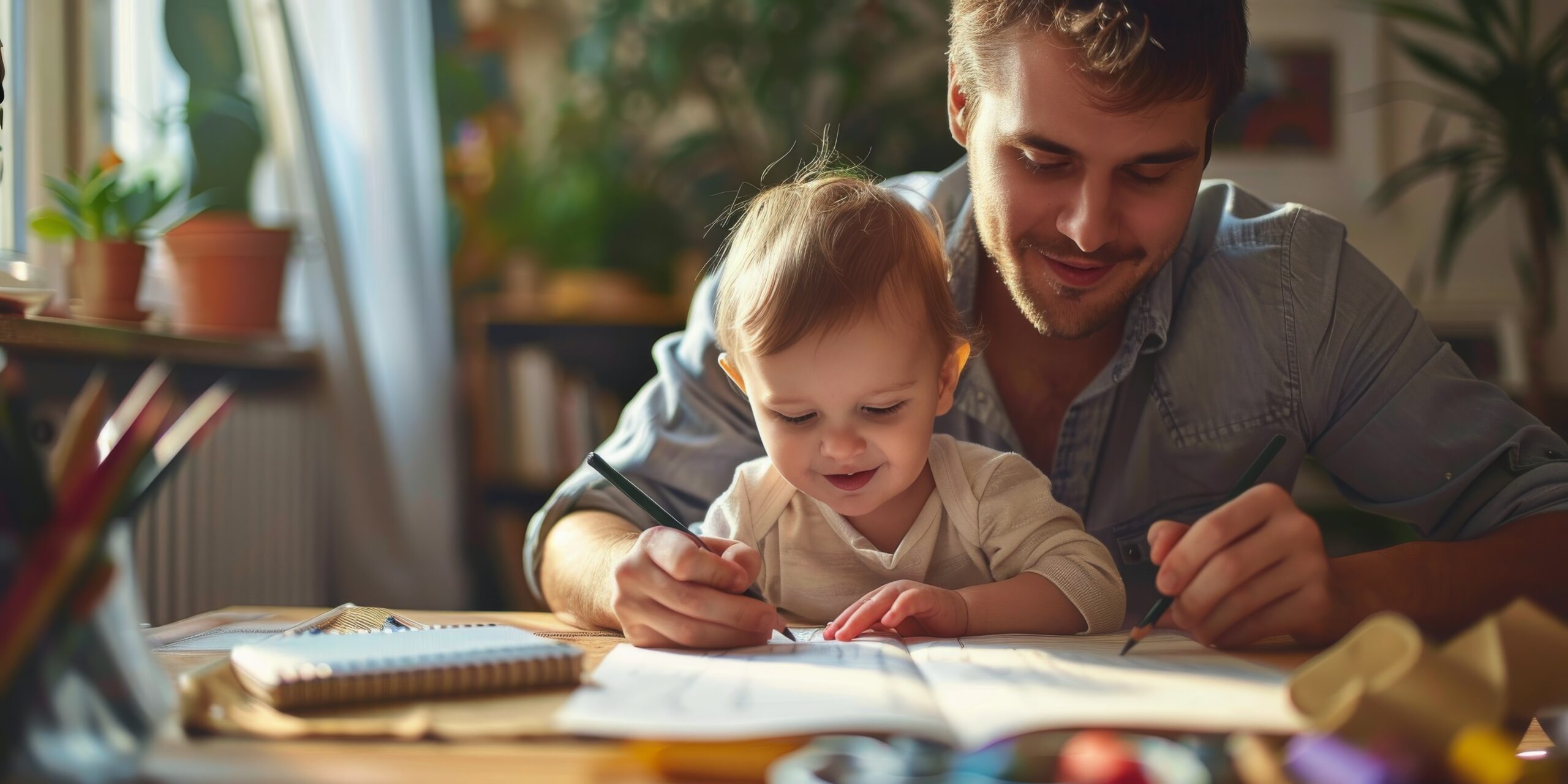 A smiling family reviews childcare savings options together on a tablet at home.